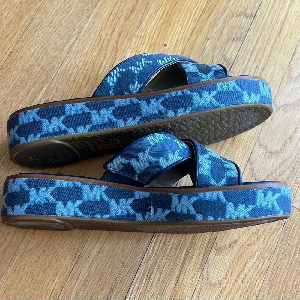 Michael Kors Indira Logo Jacquard Navy Platform Wedge Slide Sandal Size 8.5 - Picture 3 of 5